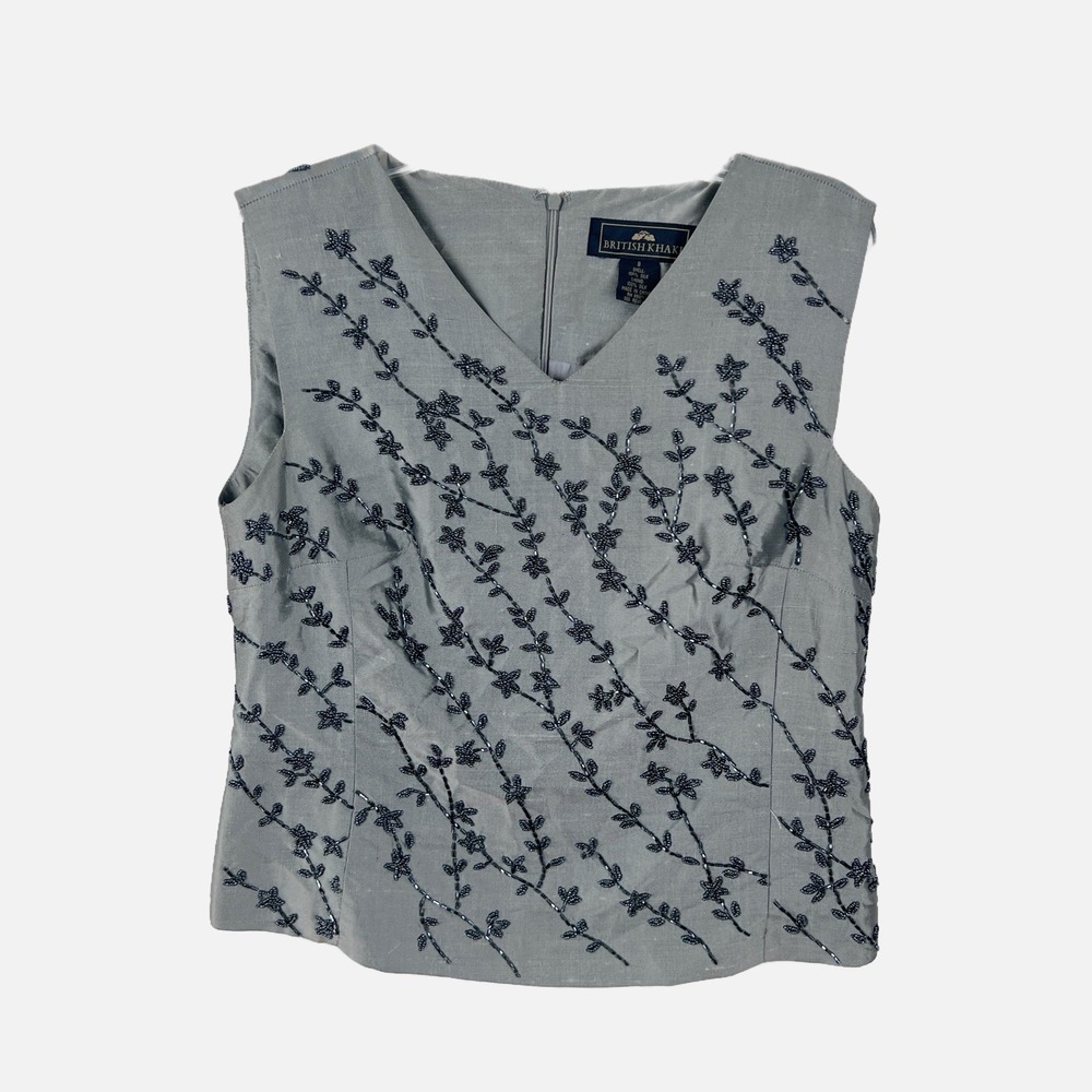 BRITISH KHAKI Gray 100%‎ Silk Floral Beaded Sleeveless Silk Lined Tunic Size 8